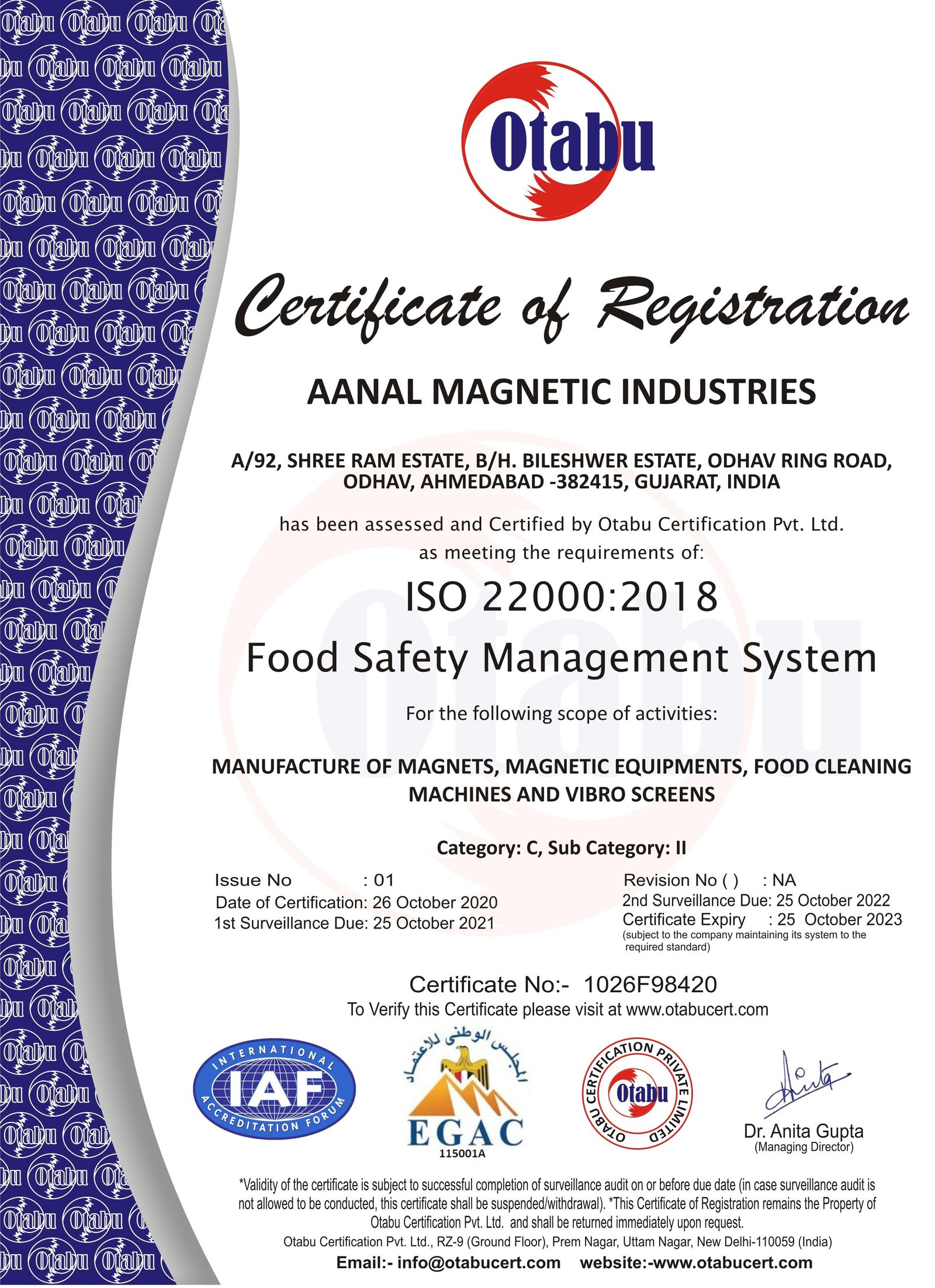 ISO 22000:2018 Food Safety Management System Certificate